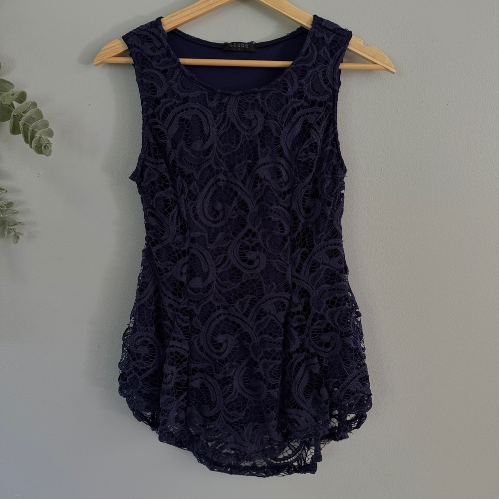 Scobe Tank Blouse Navy Blue Fairy Ren Faire Festival Floral Lace Scalloped Hem